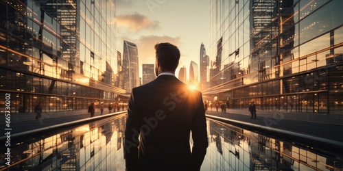 businessman in a modern glass building in front of a skyline  during sunset.  photo