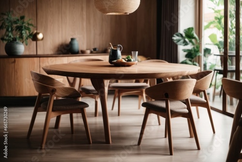 Round wood slab dining table and curved chairs in small room. Japandi style home interior design of modern dining room