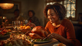 A jubilant elderly African-American lady presented a stuffed turkey to the dining table during a familial Thanksgiving repast.
