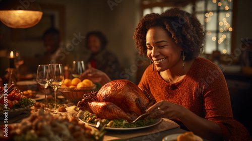 A jubilant elderly African-American lady presented a stuffed turkey to the dining table during a familial Thanksgiving repast. photo