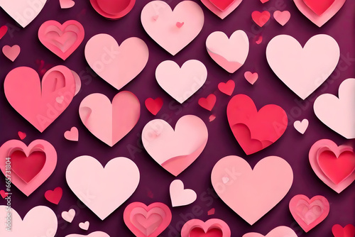 Valentines day background banner background with red and pink hearts, paper cut art