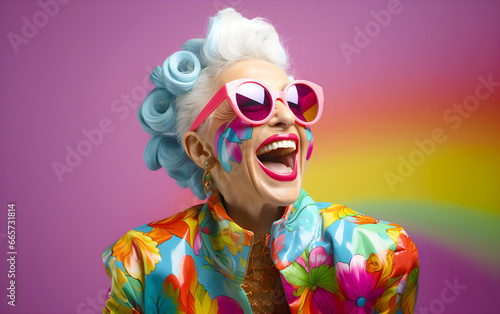 Happy senior woman in colorful outfit with funny sunglasses, laughing and smiling, trendy grandma posing in studio, Support LGBTQ+
