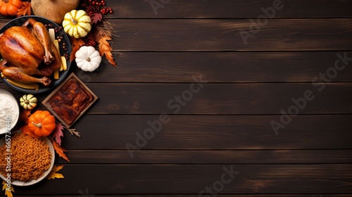 A gourmet Thanksgiving feast featuring roasted turkey  mashed potatoes  dressing  pumpkin pie and other accompaniments atop a dark wood banner background is ready 