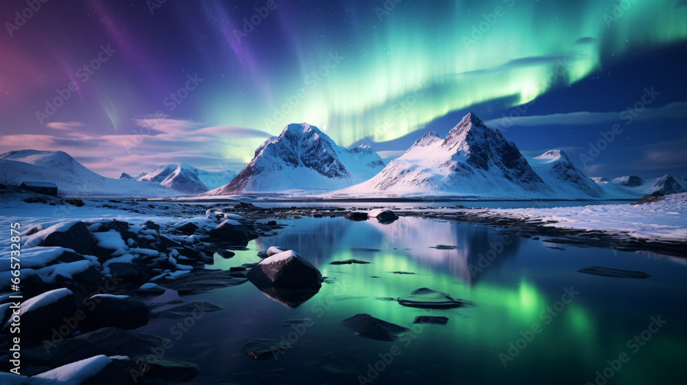 The night sky ablaze with colorful aurora and snow-draped rocks blanketed with the reflection of icy waters.