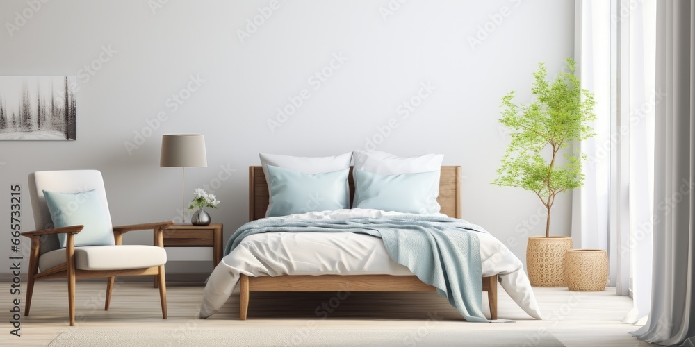 Fototapeta premium friendly, light bedroom interior. natural color palette. 