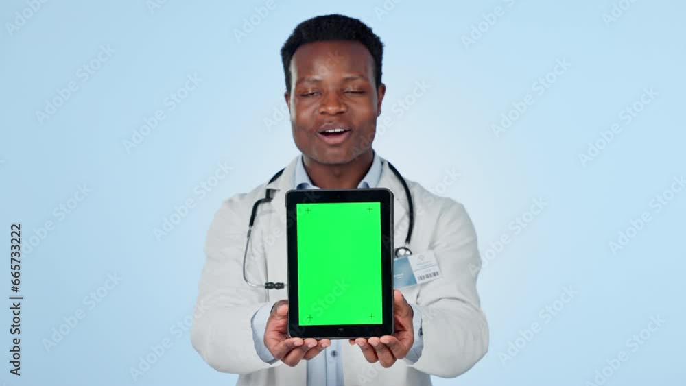Green screen, tablet and face of man doctor in studio for contact us, faq or sign up on blue background. Healthcare, presentation and portrait of African nurse with digital, app or space info display Green screen, tablet and face of man doctor in studio for contact us, faq or sign up on blue background. Healthcare, presentation and portrait of African nurse with digital, app or space info display