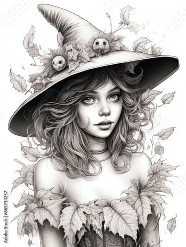 Portrait of a cute young witch.  Illustration, Created with generated ai technology.