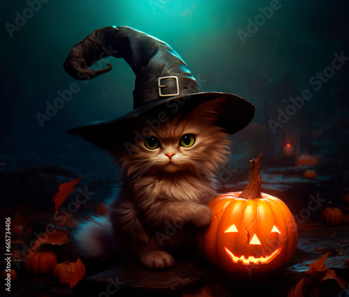 Little cat with its witch´s hat cellebrating halloween. illustarion. Created with generative ai technology.