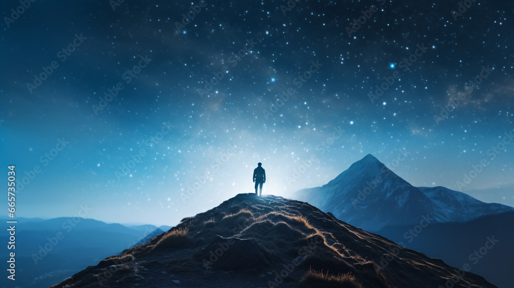 Against the backdrop of a starry summer night, a solitary individual stands on a mountain peak