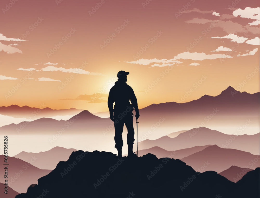 silhouette of a person on the top of mountain at sunset, a flat illustration on the theme of travel