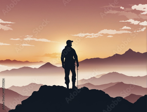 silhouette of a person on the top of mountain at sunset, a flat illustration on the theme of travel