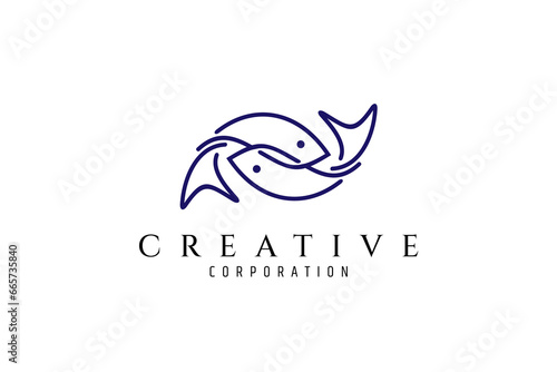 Two Fish icon logo with line design template