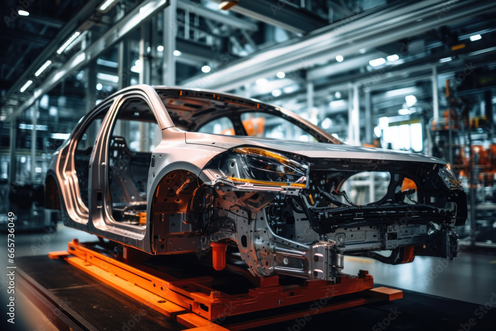 Car production line. Assembling a car on a conveyor belt. Close-up of a car body. Automotive industry Interior of a high-tech factory, modern production. Car production line. Assembling a car on a conveyor belt. Close-up of a car body. Automotive industry Interior of a high-tech factory, modern production.