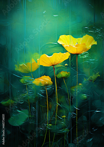 Vibrant Yellow Water Lilies (Nymphaea) Floating in Serene Teal Pond - Capturing Nature's Tranquility & Hazy Reflections.