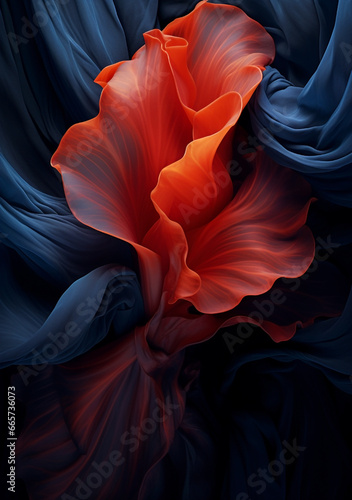 Close-Up of Radiant Red-Orange Tulip Petals - Dramatic & Artistic Harmony with Deep Blue Backdrop.