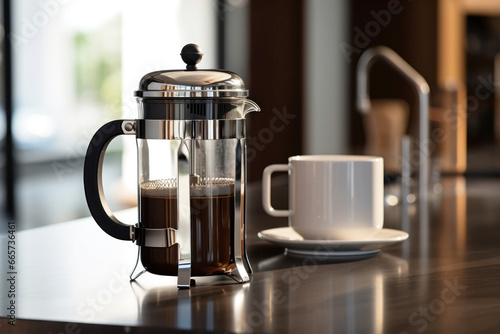 Photo of a coffee maker and a cup of coffee on a table