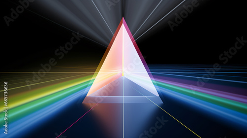 Science of optics, where white light passes through a prism, creating a three-dimensional rainbow of colors.