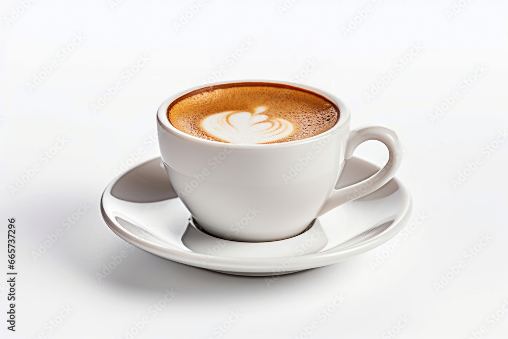 Photo of a steaming cup of freshly brewed coffee on a pristine white table