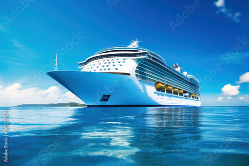 A huge cruise line travels across the sea. Sea travel vacation. Seascape overlooking a cruise liner. Passenger liner on the high seas. Tourist travel in the ocean. © Anoo