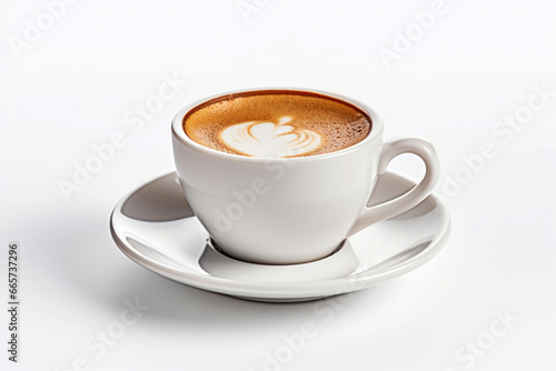Photo of a steaming cup of freshly brewed coffee on a pristine white table