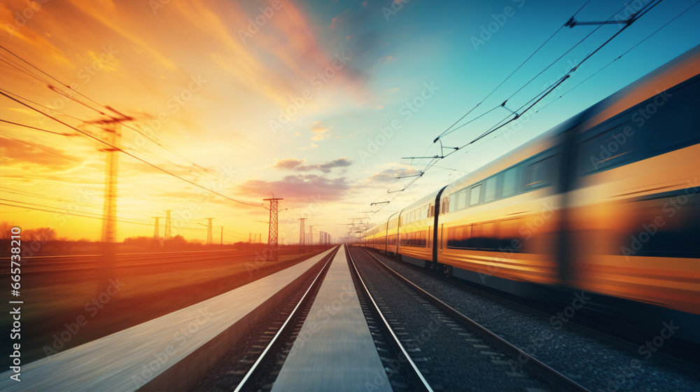 A vibrant and colorful evening sky sets the backdrop for a dynamic railway and train in motion.. A vibrant and colorful evening sky sets the backdrop for a dynamic railway and train in motion..