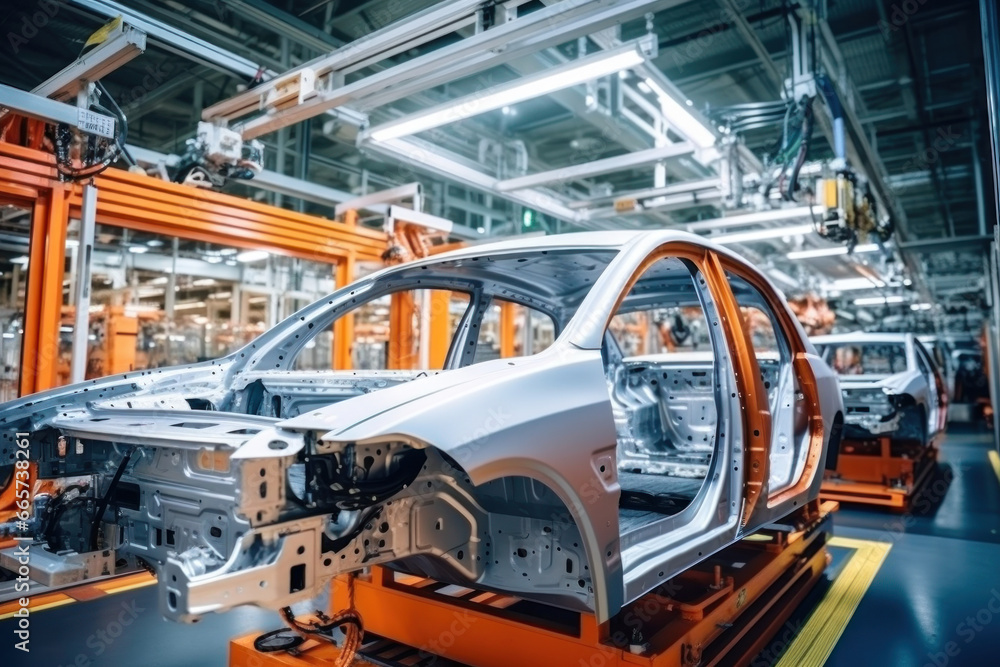 Car production line. Assembling a car on a conveyor belt. Close-up of a car body. Automotive industry Interior of a high-tech factory, modern production. Car production line. Assembling a car on a conveyor belt. Close-up of a car body. Automotive industry Interior of a high-tech factory, modern production.