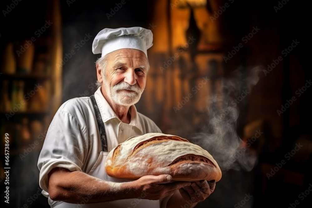 An elderly male baker holds freshly baked bread in his hands. Baker in a private bakery. Bread production at home or in a small enterprise. Small business. Demonstration of fresh bread. An elderly male baker holds freshly baked bread in his hands. Baker in a private bakery. Bread production at home or in a small enterprise. Small business. Demonstration of fresh bread.
