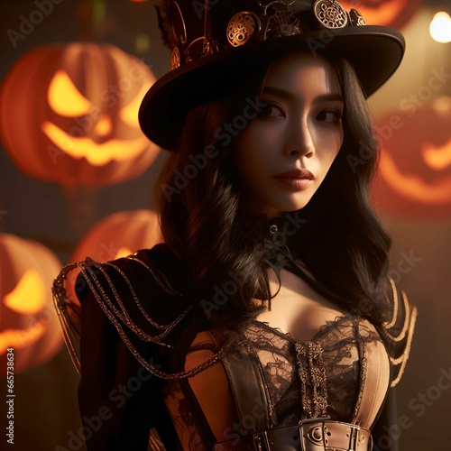 A woman in a Halloween steampunk-style costume, generative ai