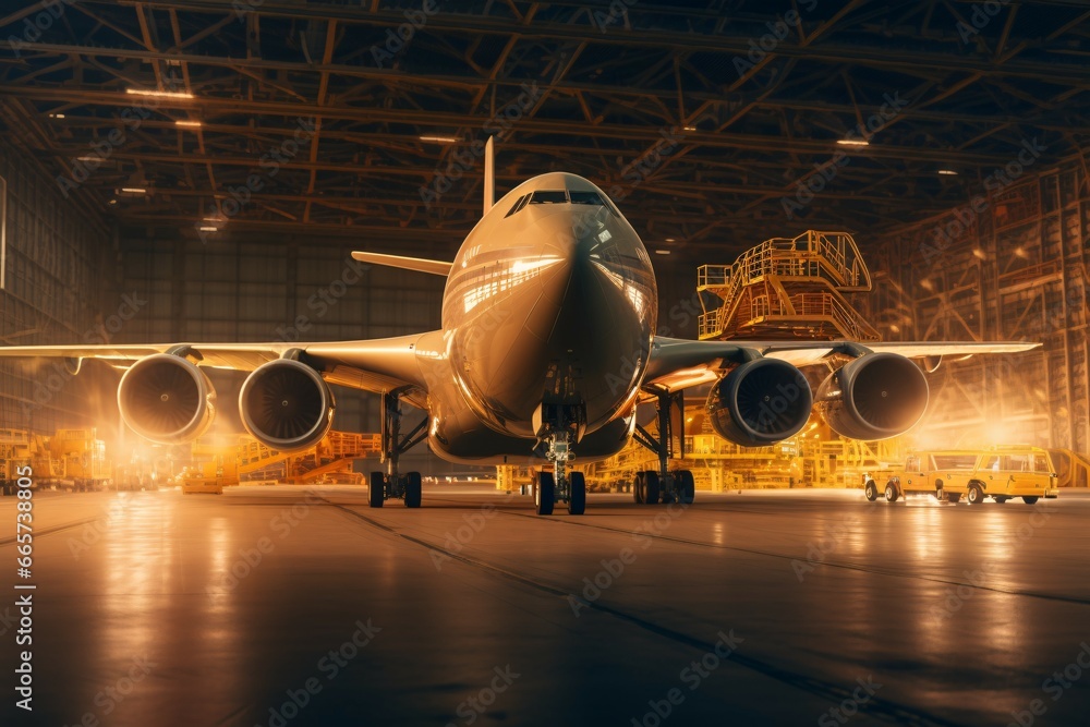 Airplane in the hangar at night. Selective focus. Shallow depth of field Airplane in the hangar at night. Selective focus. Shallow depth of field