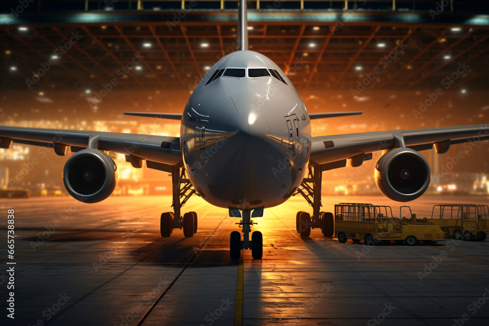 Airplane in the airport at night. 3d rendering and illustration. Airplane in the airport at night. 3d rendering and illustration.