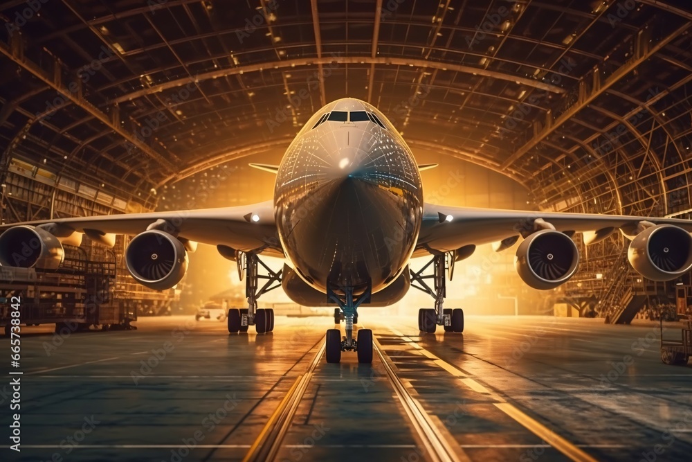 Airplane in the hangar at night. 3d rendering toned image Airplane in the hangar at night. 3d rendering toned image