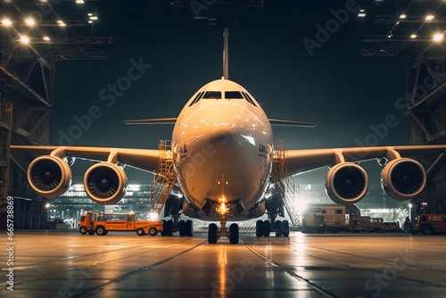 Airplane in the airport at night with cargo loading and unloading