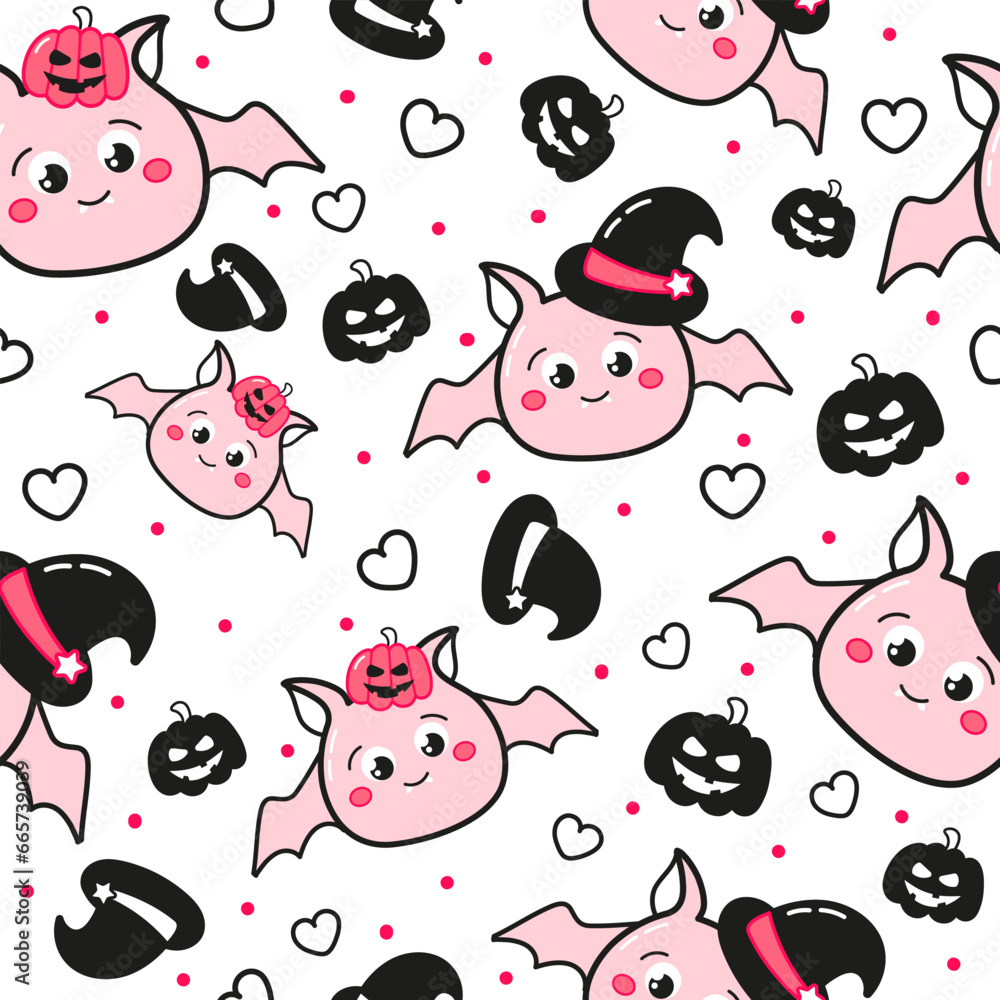 Obraz premium Cute halloween seamless pattern for kids with kawaii bat characters with pumpkins and witch hats on white background