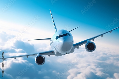 Commercial airplane flying in the blue sky with clouds. 3d rendering