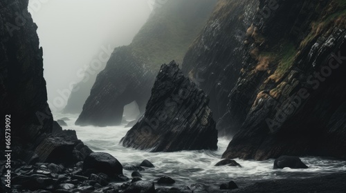 Coastal cliff shrouded in mysterious fog, with sharp rocks and crashing waves. A dangerous and adventurous landscape, contrasting stillness and dynamic motion