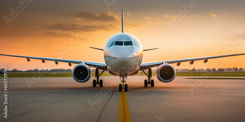 Airplane on the runway of the airport. 3D rendering.