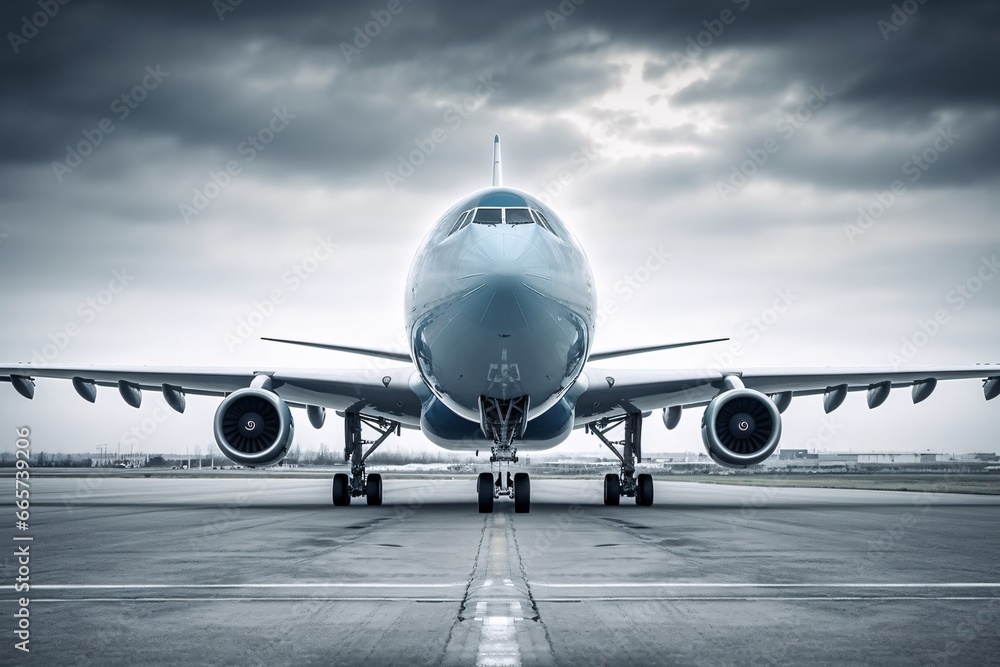 Airplane on the runway of the airport. 3D rendering.