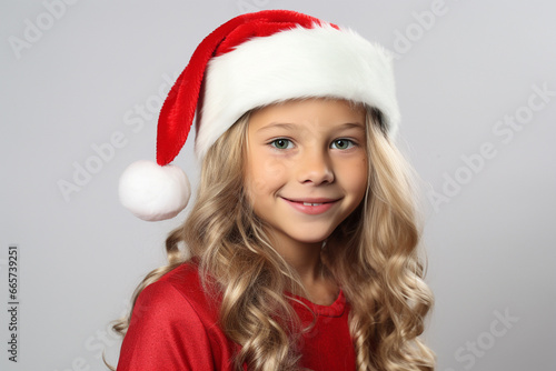 Cheerful blonde kindergarten and elementary school girl is dressed red green Santa Claus sweater with a matching red Santa hat  smiles radiantly against white backdrop. Generative AI.