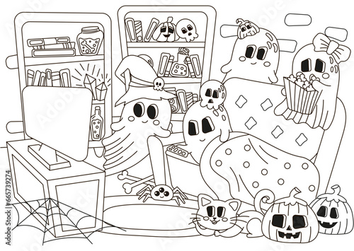 Halloween cozy indoor interior of room with ghost characters watching horror movies, spooky family