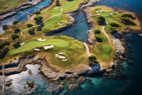 Aerial snapshot of golfer on Moen Island's golf course in Denmark, with abundant surroundings. Generative AI photo