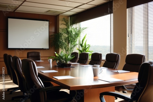 Interior of modern office meeting room with wooden table and chairs