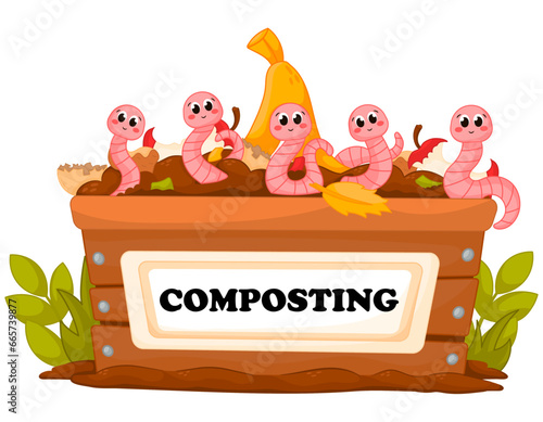 Cute cartoon worm characters having fun in box for organic garbage, recycling spoiled food