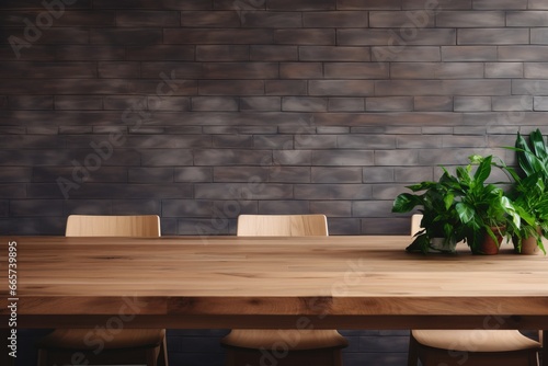 Office meeting room with a empty wooden table and chairs. Close up view