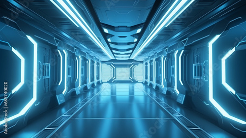 A glimpse of the future in 3D: spaceship interior with neon lights, space station corridor.