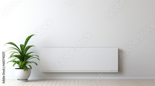 Minimalistic, sleek radiator against a white wall in a contemporary home. Polished metal, sharp edges, clean lines, and sharp focus highlight the design photo