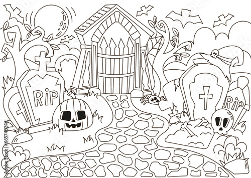 Halloween cozy cemetry with pumpkin and skull characters, creepy graves coloring page for kids and adults