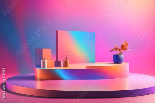 A creative podium mockup display with a colorful background and props, perfect for highlighting a product in a unique way. © Areesha