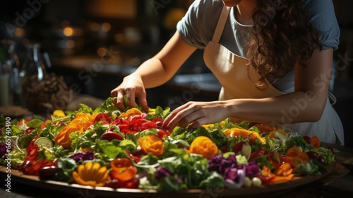 crafting a sumptuous vegetarian salad: an immersive culinary journey amidst fresh ingredients, set against the backdrop of a classic kitchen ambiance. Ai Generated