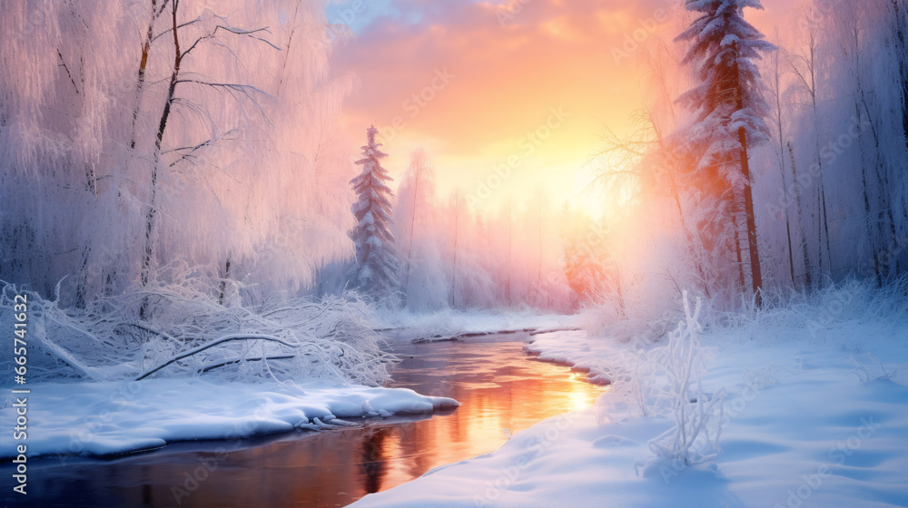 Snowy woods come alive with a hued dawn during the festive season. Snowy woods come alive with a hued dawn during the festive season.