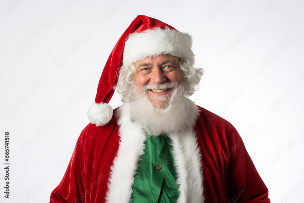 A warm and kind hearted father dons a Santa Claus suit, and his smile radiates in front of a pure white backdrop. Generative AI. A warm and kind hearted father dons a Santa Claus suit, and his smile radiates in front of a pure white backdrop. Generative AI.